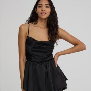 NWOT RARE StyleStalker Mini Silk Cowl Neck Romper with Open Back in Black Size S